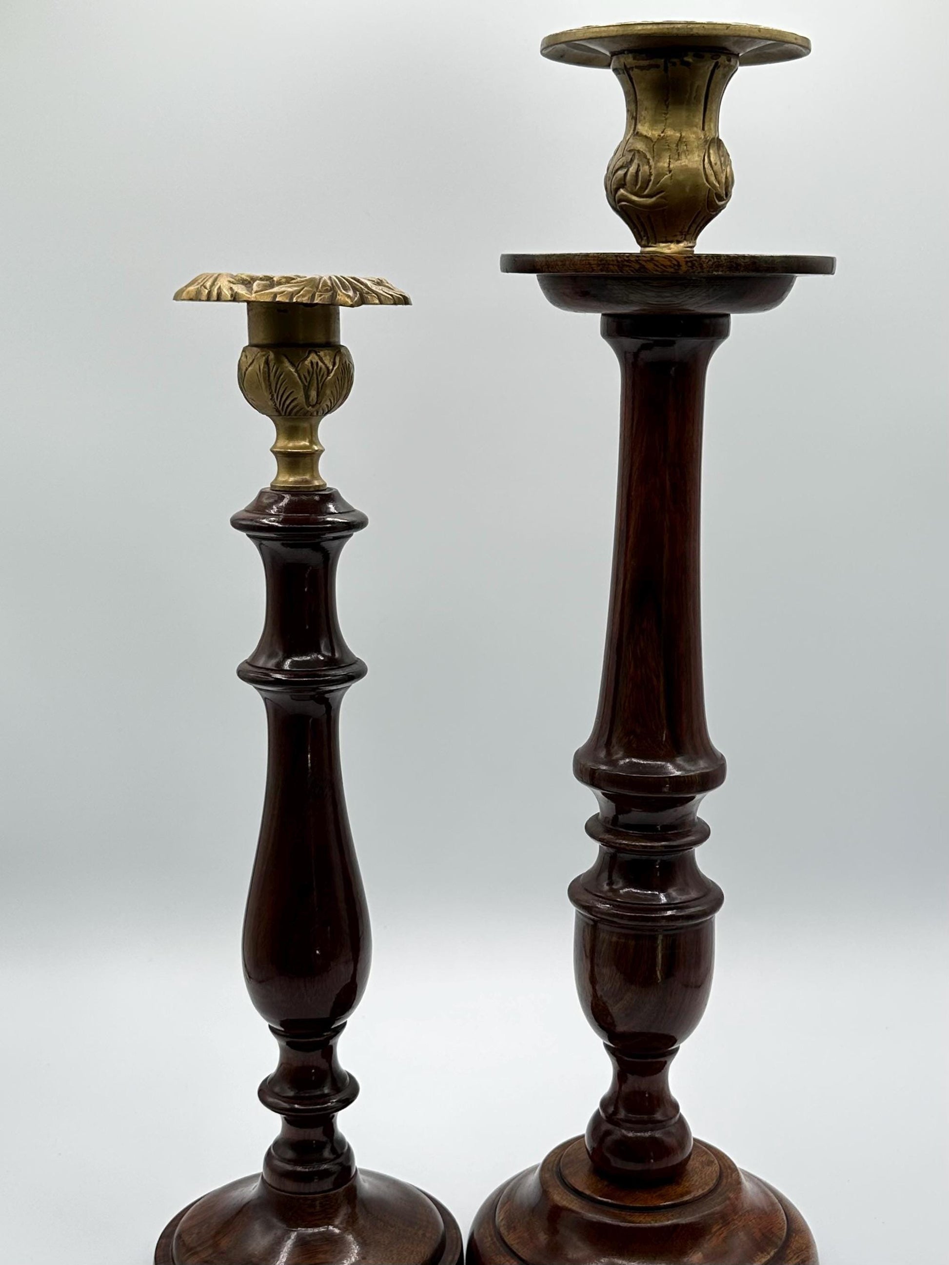 Vintage Tall Wooden Candlesticks with Brass Tops - Elegant Pair of Turned Taper Holders for Farmhouse Decor