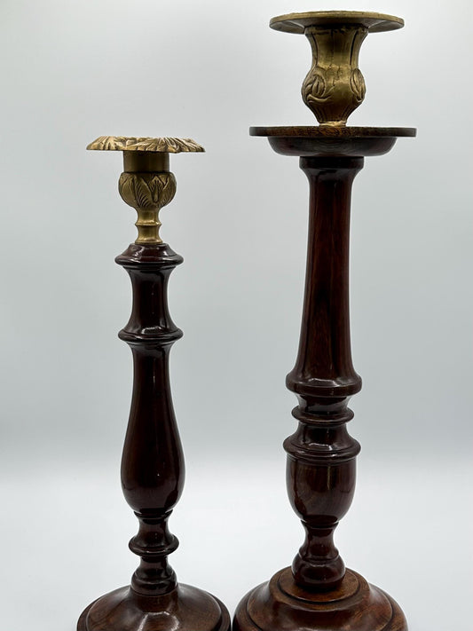 Vintage Tall Wooden Candlesticks with Brass Tops - Elegant Pair of Turned Taper Holders for Farmhouse Decor