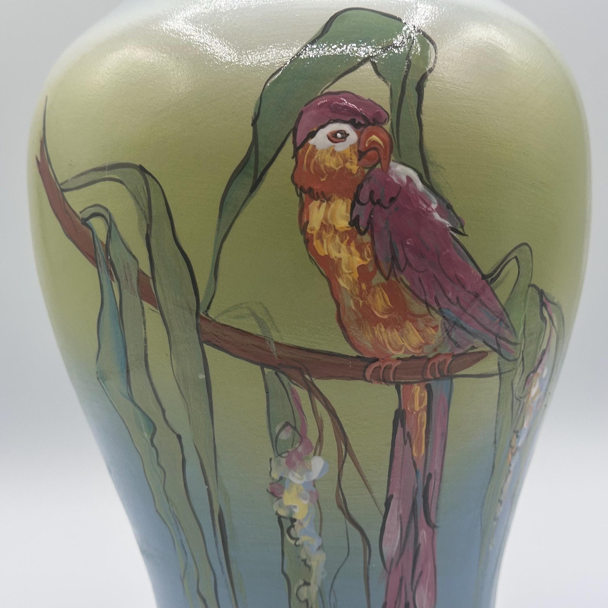 Rick Wisecarver's Handcrafted Tropical Bird Ceramic Vase - Collectible Ohio Studio Pottery Art