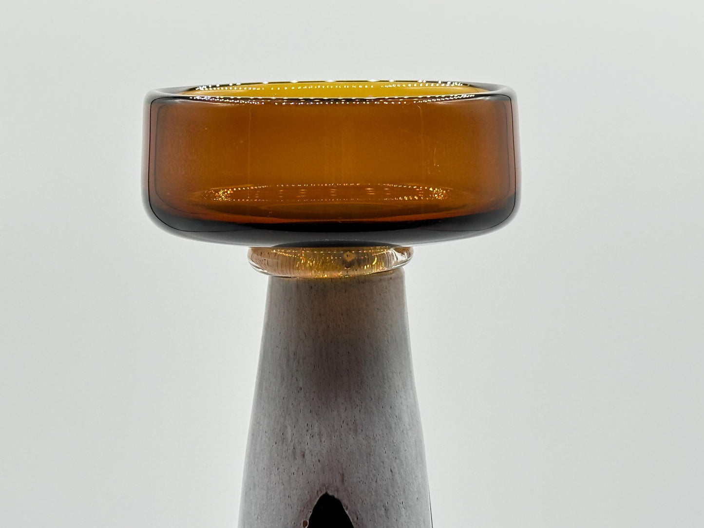 Vintage Amber & Black Sculptural Art Glass Candle Holder - Mid-Century Modern Decor Piece