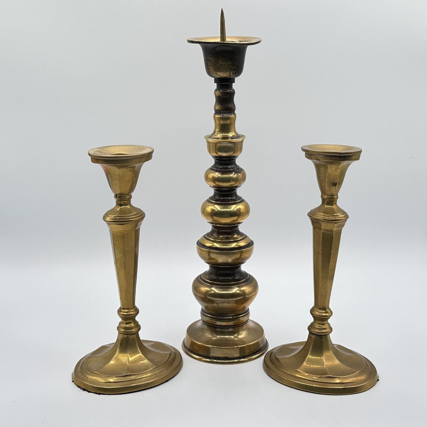 Vintage Brass Candlestick Set: 3 Mismatched Antique-Style Holders for Eclectic Home Decor