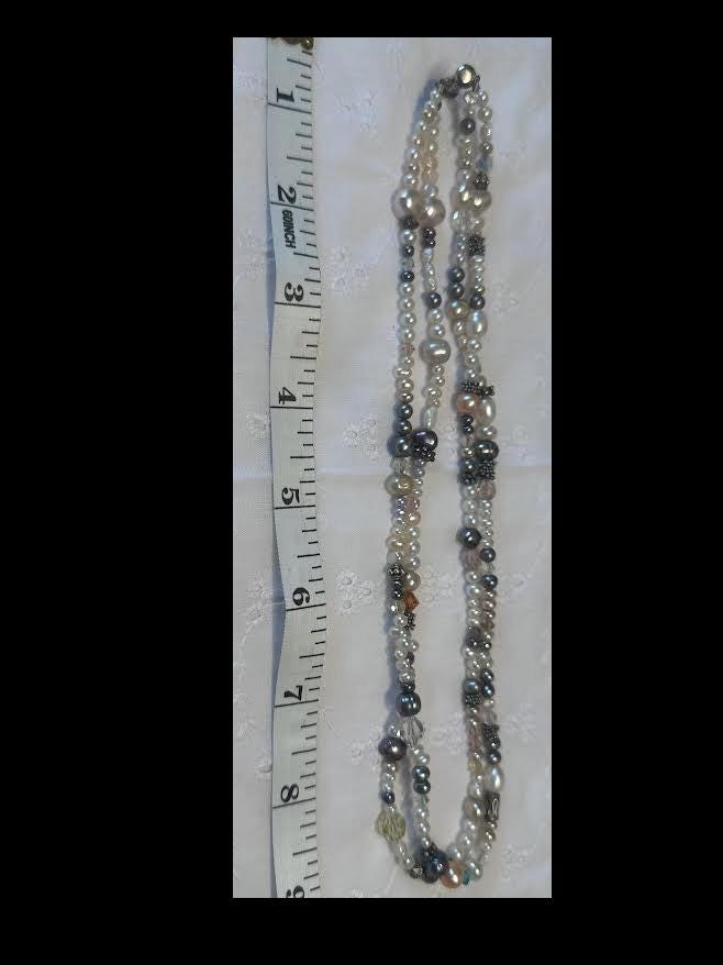 Elegant Multi-Strand Mother of Pearl & Crystal Necklace: Delicate Beaded Statement Jewelry
