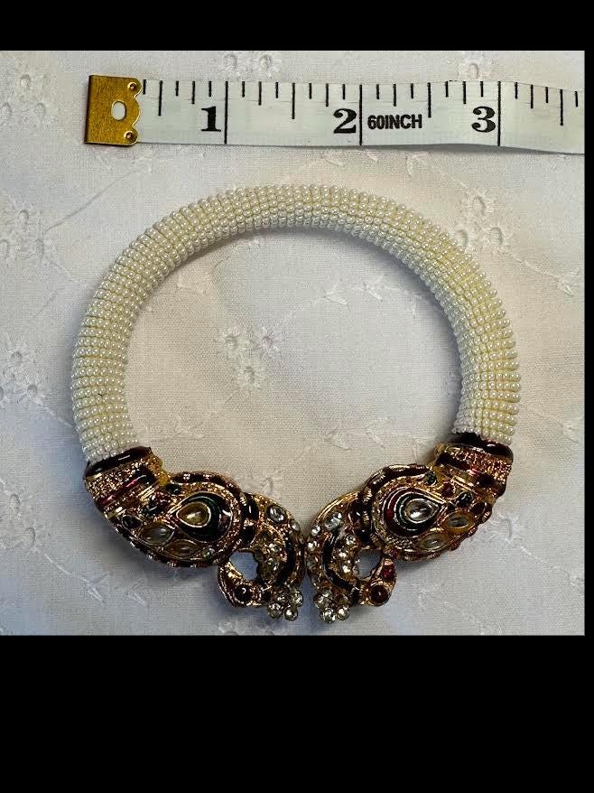 Elegant Gold Paisley Indian Bangle with Pearl Beads - Traditional Statement Jewelry Bracelet