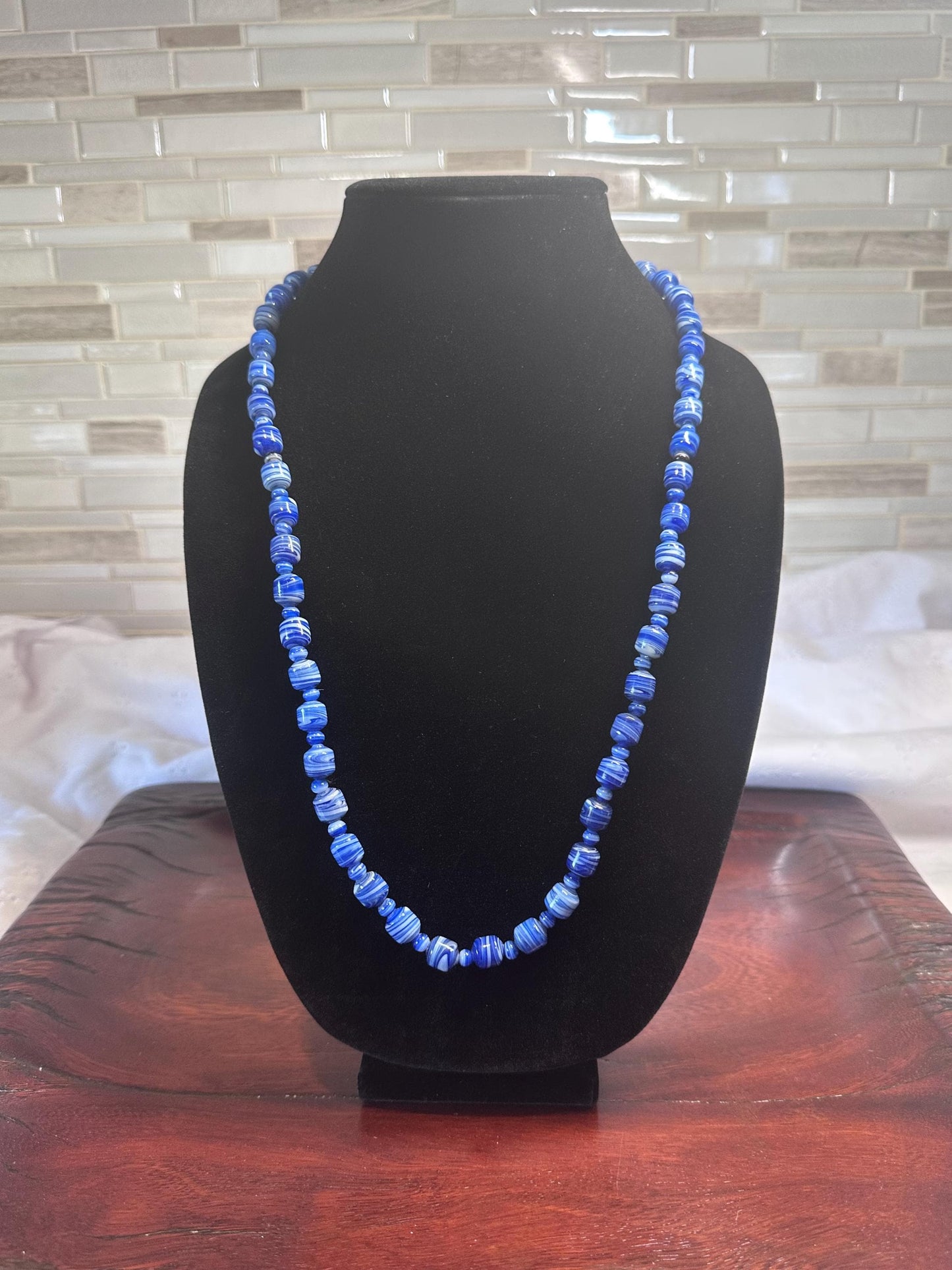 Bohemian Blue Striped Barrel Necklace - Handcrafted Czech Glass Beaded Jewelry for Women