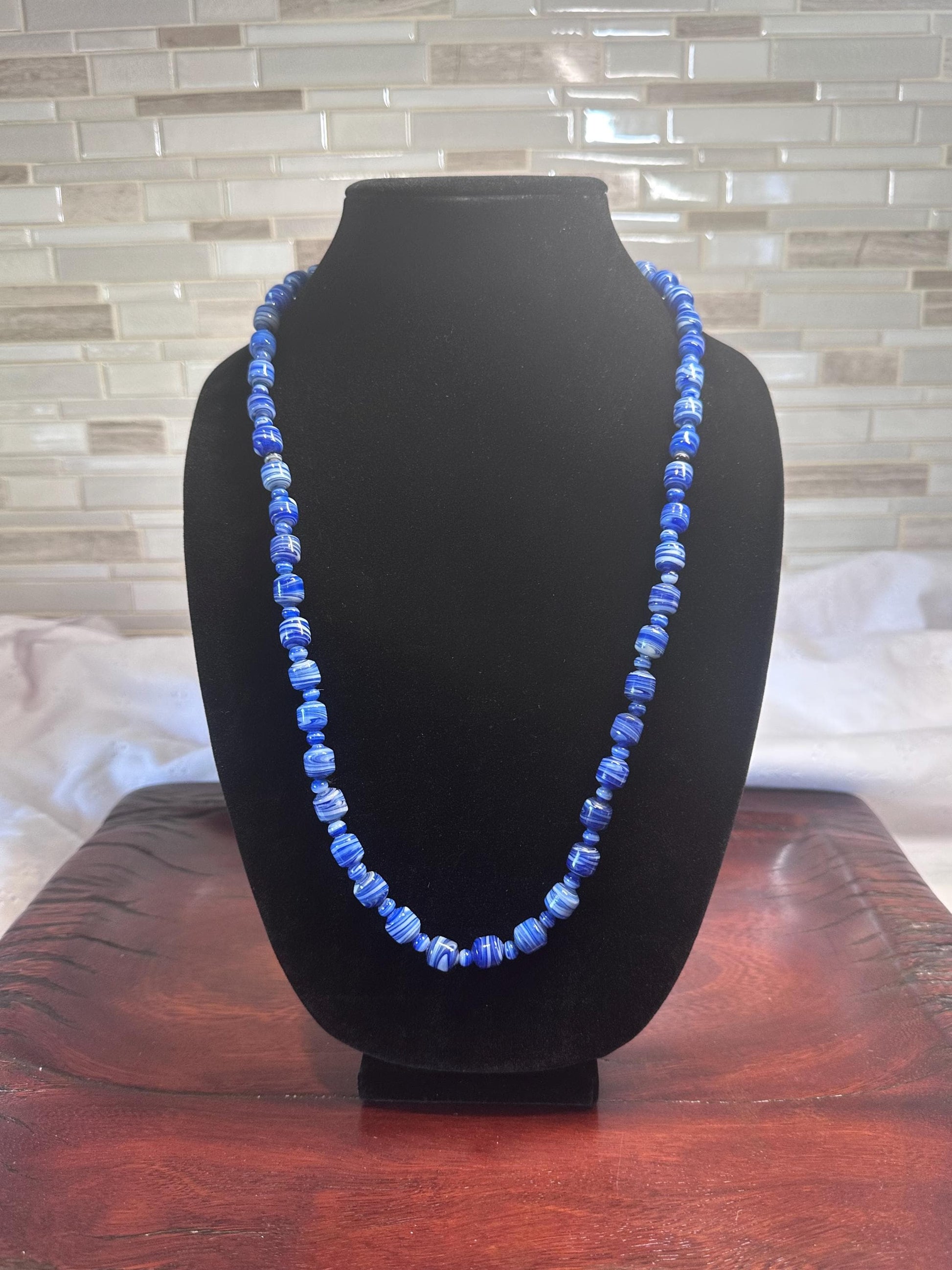 Bohemian Blue Striped Barrel Necklace - Handcrafted Czech Glass Beaded Jewelry for Women
