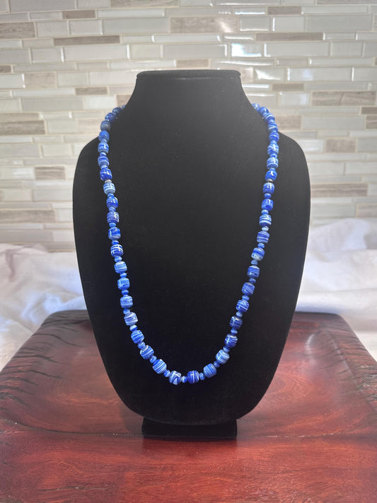 Bohemian Blue Striped Barrel Necklace - Handcrafted Czech Glass Beaded Jewelry for Women