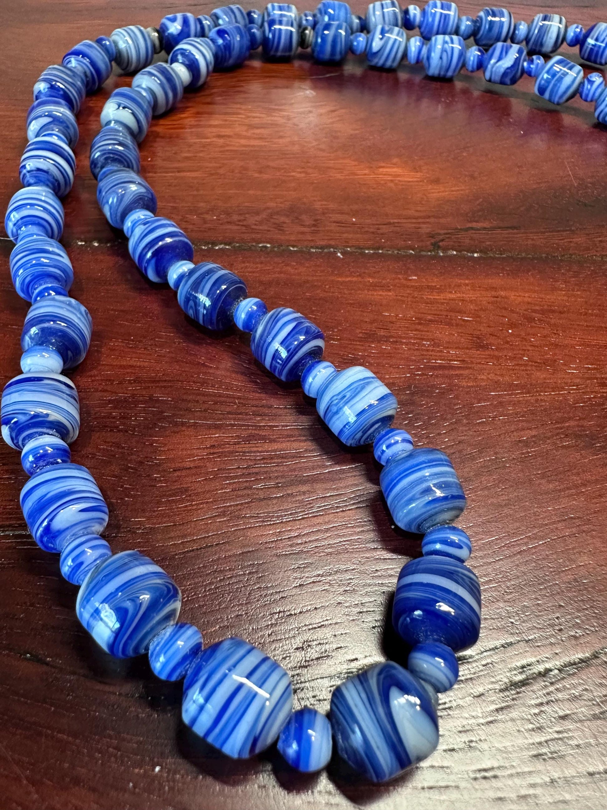 Bohemian Blue Striped Barrel Necklace - Handcrafted Czech Glass Beaded Jewelry for Women