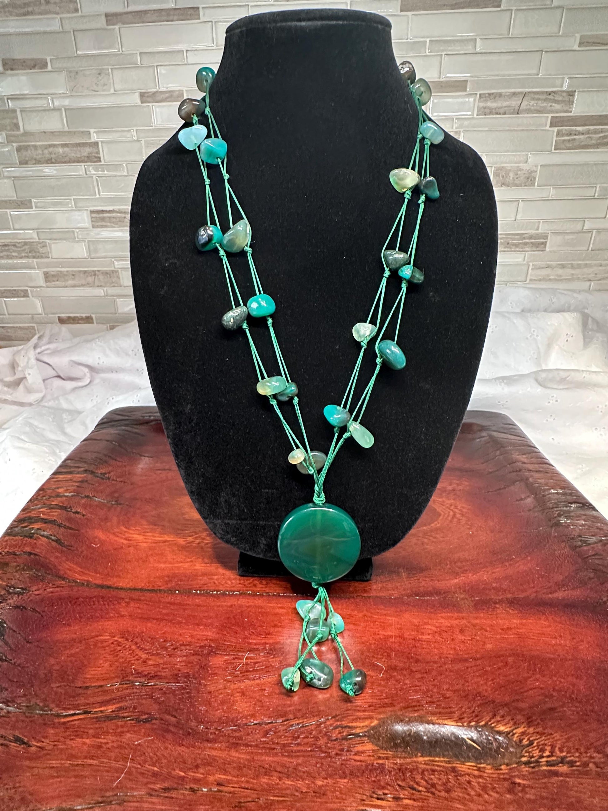 Elegant Vintage Silk Thread Necklace with Green Stone Beads - Antique Handcrafted Jewelry