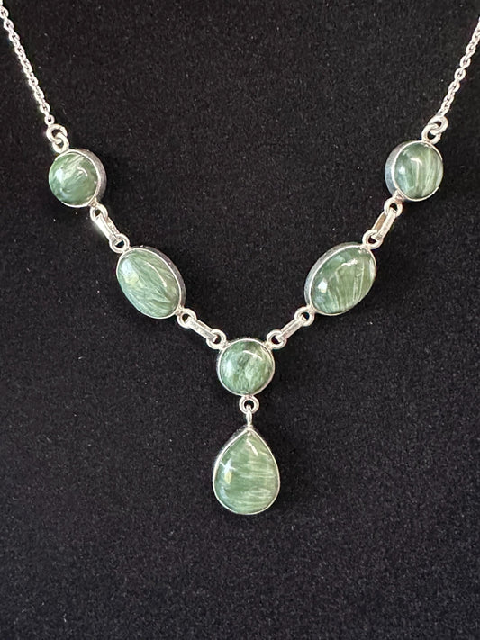 Seraphinite Statement Necklace: Spiritual Crystal Pendant in Sterling Silver - Elegant Natural Stone Jewelry