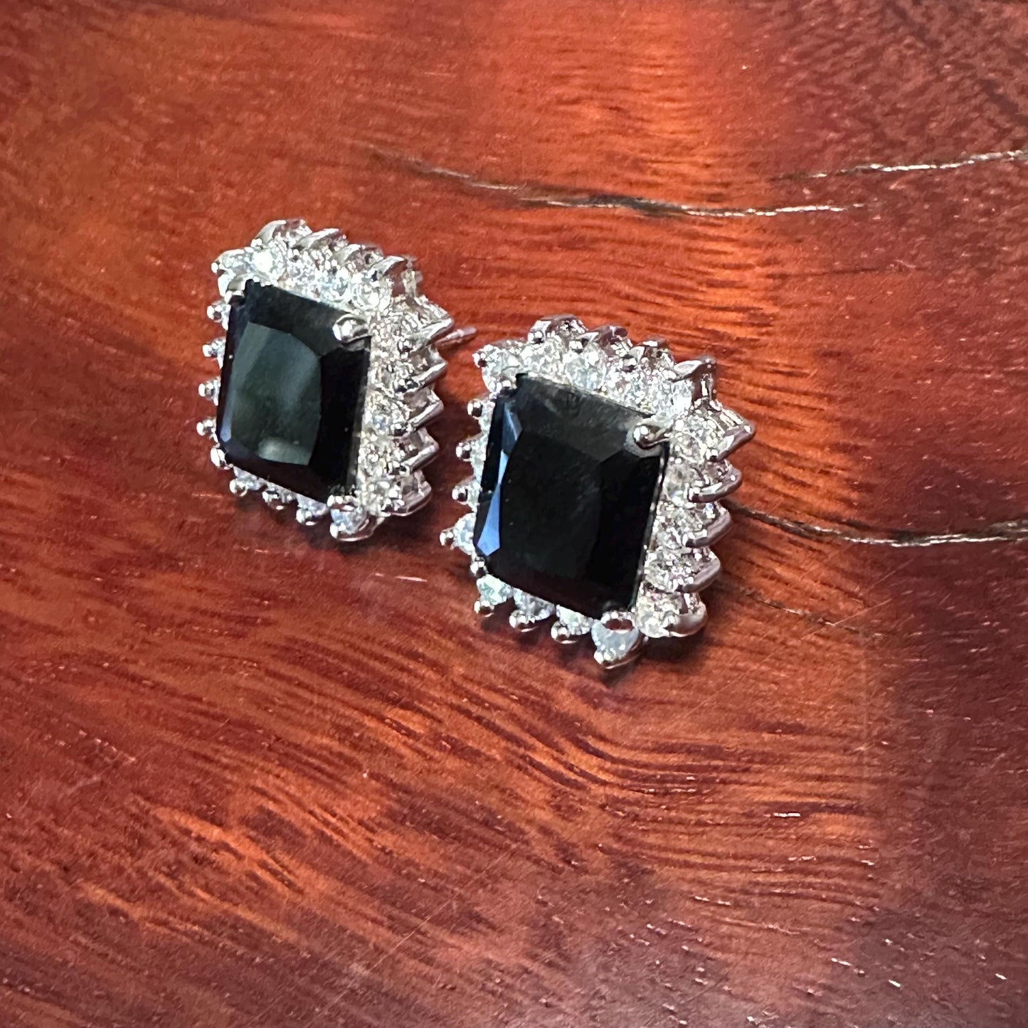 Elegant Vintage Black Stone Earrings with Crystal Halo - Emerald Cut Silver Tone Jewelry