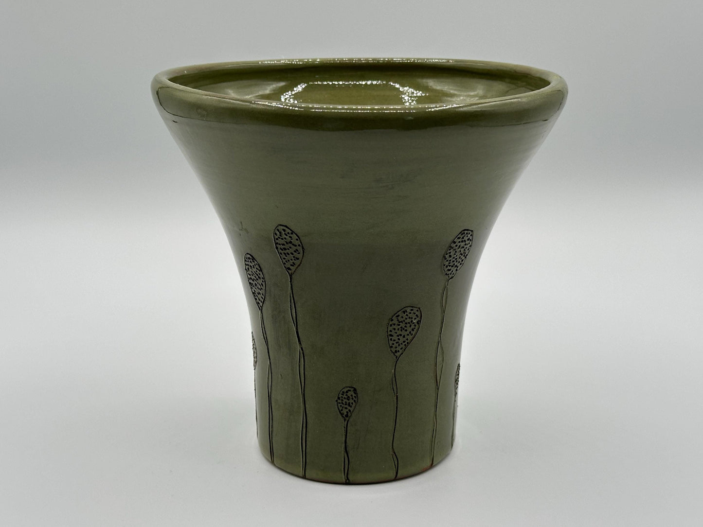 Artisan Green Studio Pottery Vase with Botanical Motif - Handmade Ceramic by Diana Faugt