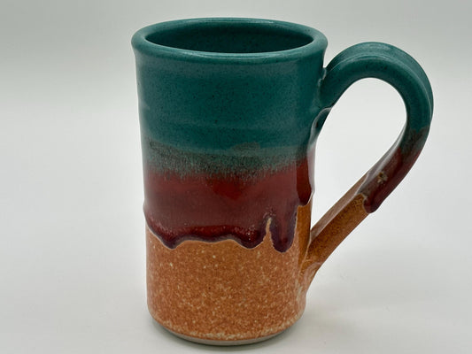 Rustic Stoneware Mug: Handcrafted Ceramic Coffee Cup with Teal, Red & Brown Drip Glaze
