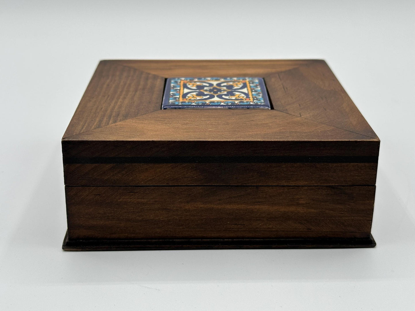 Vintage Wooden Jewelry Box: Timeless Keepsake Storage with Colorful Boho Tiled Lid - Unique Handmade Gift