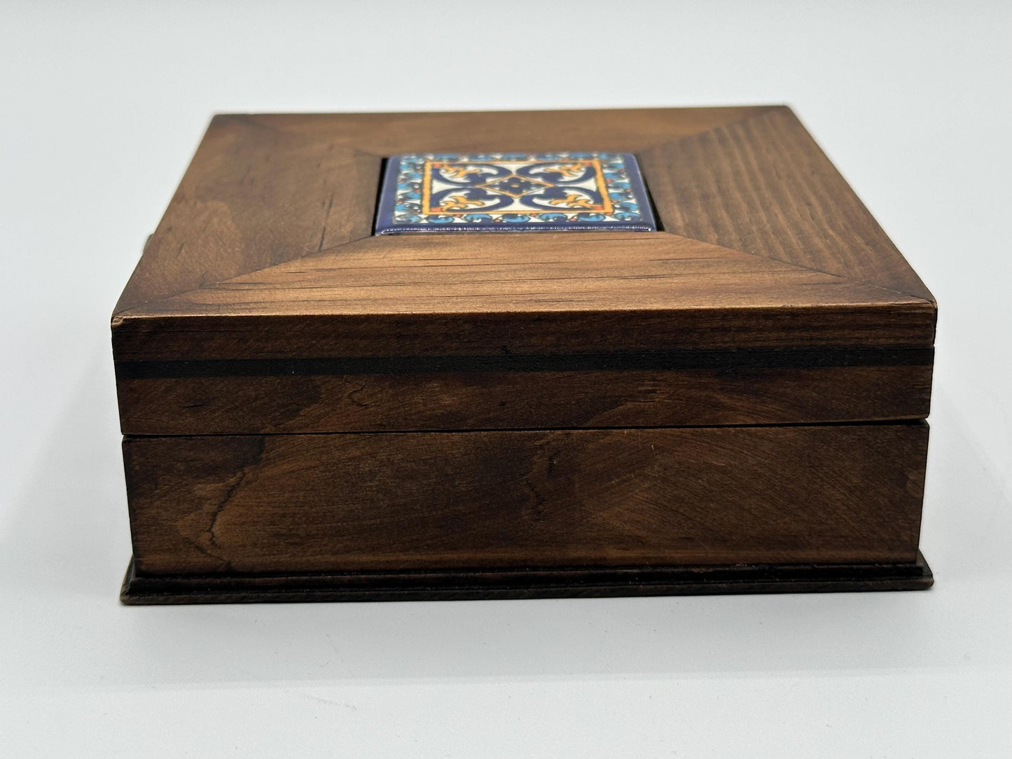 Vintage Wooden Jewelry Box: Timeless Keepsake Storage with Colorful Boho Tiled Lid - Unique Handmade Gift