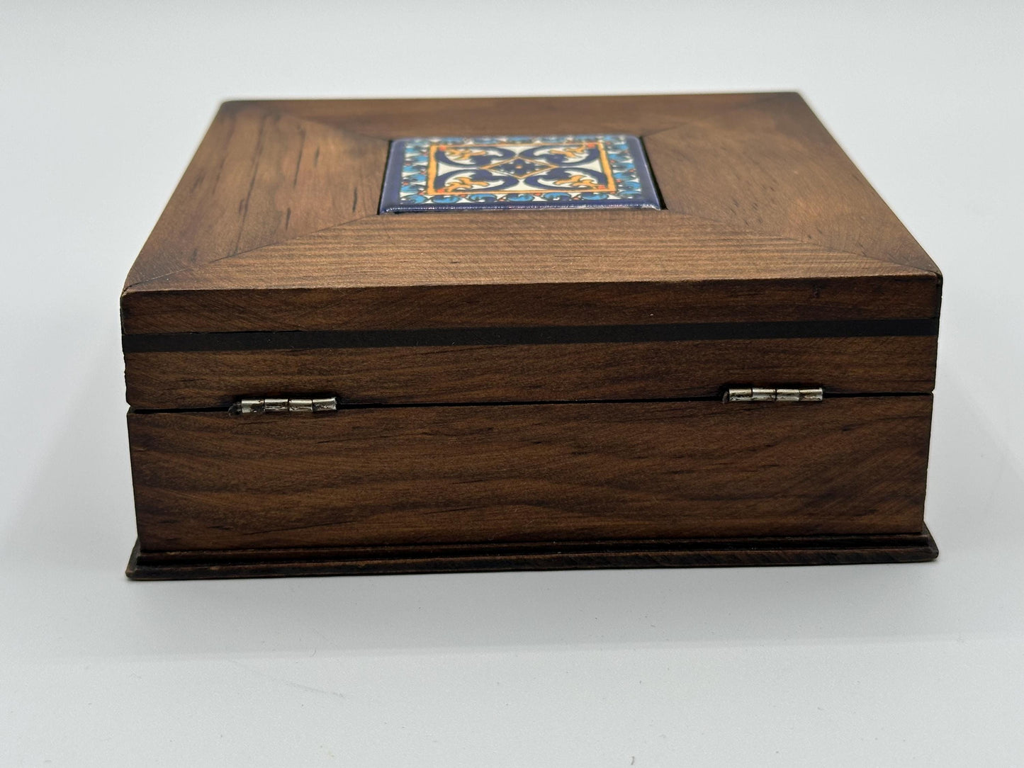 Vintage Wooden Jewelry Box: Timeless Keepsake Storage with Colorful Boho Tiled Lid - Unique Handmade Gift