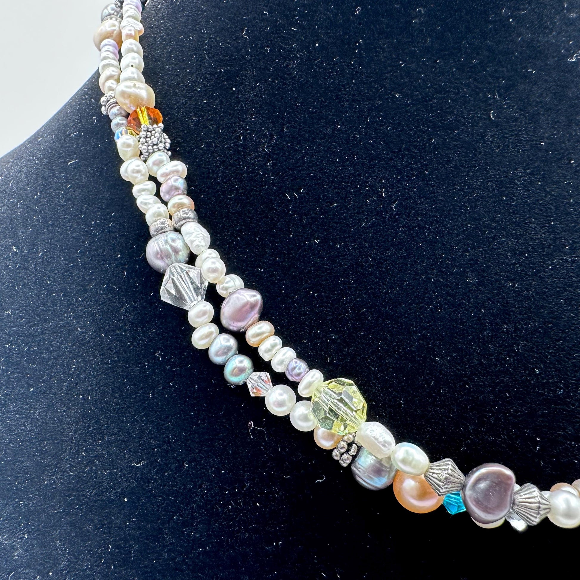 Elegant Multi-Strand Mother of Pearl & Crystal Necklace: Delicate Beaded Statement Jewelry