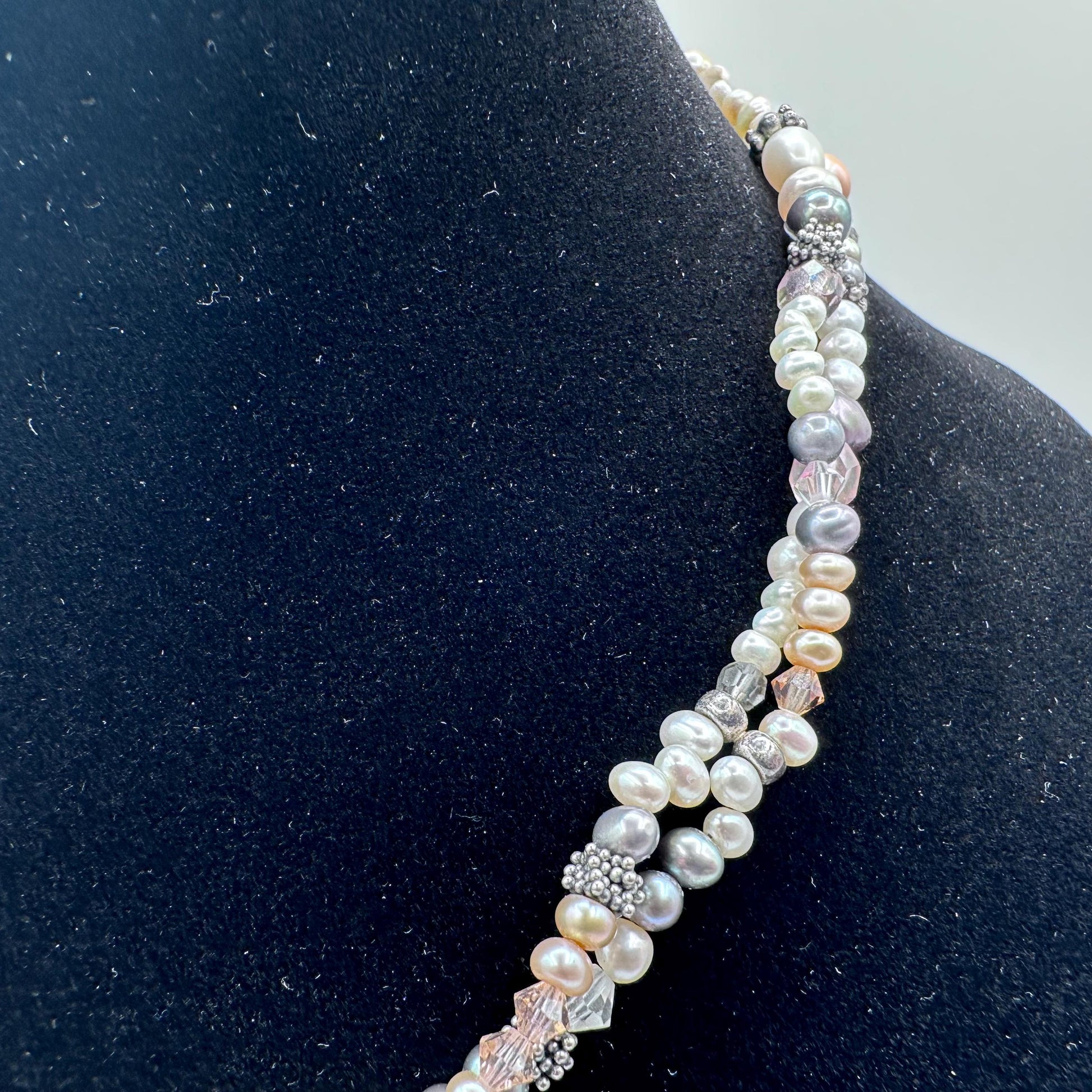 Elegant Multi-Strand Mother of Pearl & Crystal Necklace: Delicate Beaded Statement Jewelry
