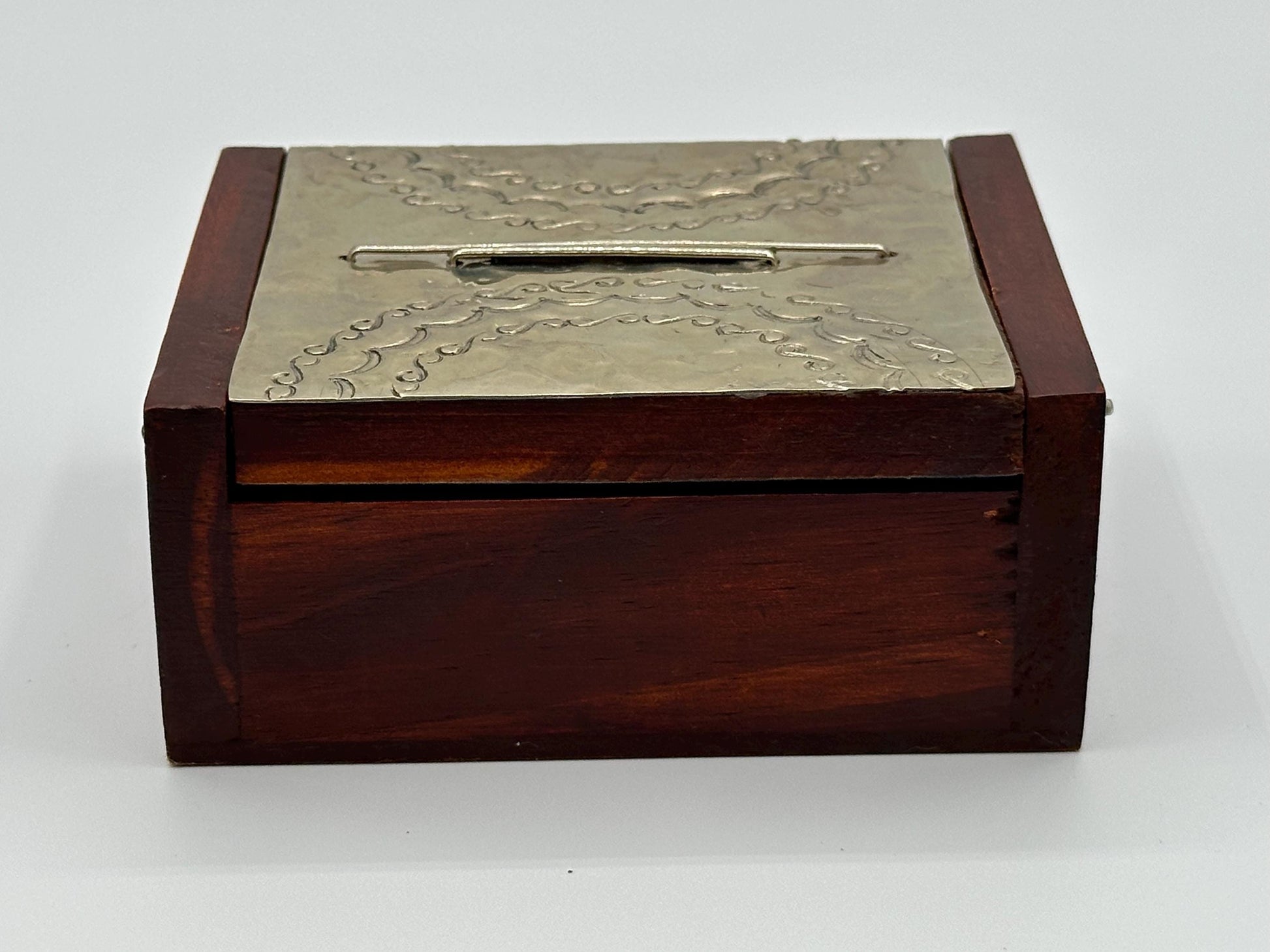 Rustic Handcrafted Wooden Jewelry Box with Hammered Metal Lid - Unique Keepsake Storage Gift