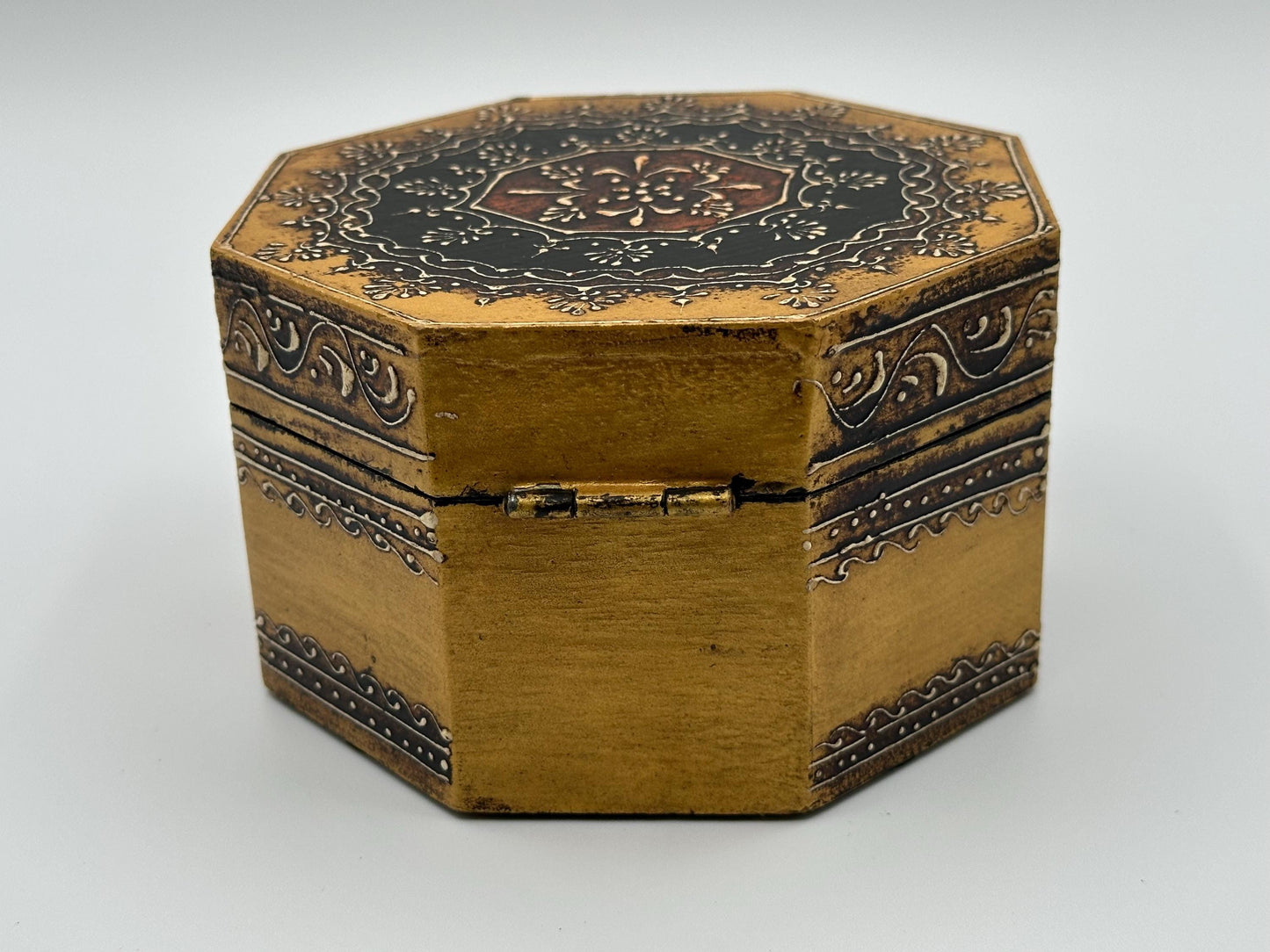 Vintage Octagonal Black & Gold Trinket Box: Ornate Decorative Jewelry Case with Knob - Unique Boho Gift