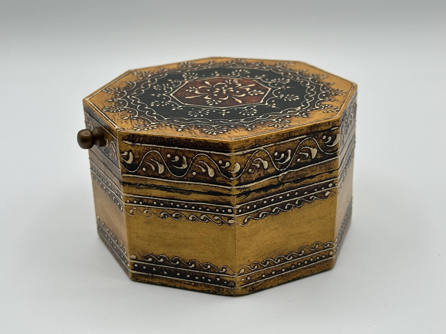 Vintage Octagonal Black & Gold Trinket Box: Ornate Decorative Jewelry Case with Knob - Unique Boho Gift