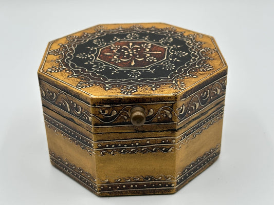 Vintage Octagonal Black & Gold Trinket Box: Ornate Decorative Jewelry Case with Knob - Unique Boho Gift