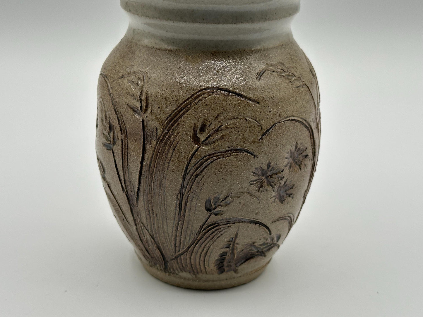 Rustic Handcrafted Floral Etched Stoneware Vase - Farmhouse Cottagecore Ceramic Pottery Décor