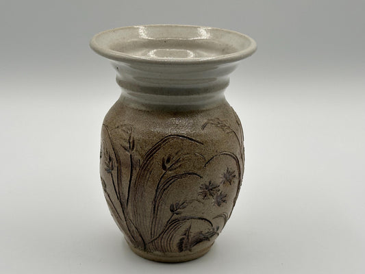 Rustic Handcrafted Floral Etched Stoneware Vase - Farmhouse Cottagecore Ceramic Pottery Décor