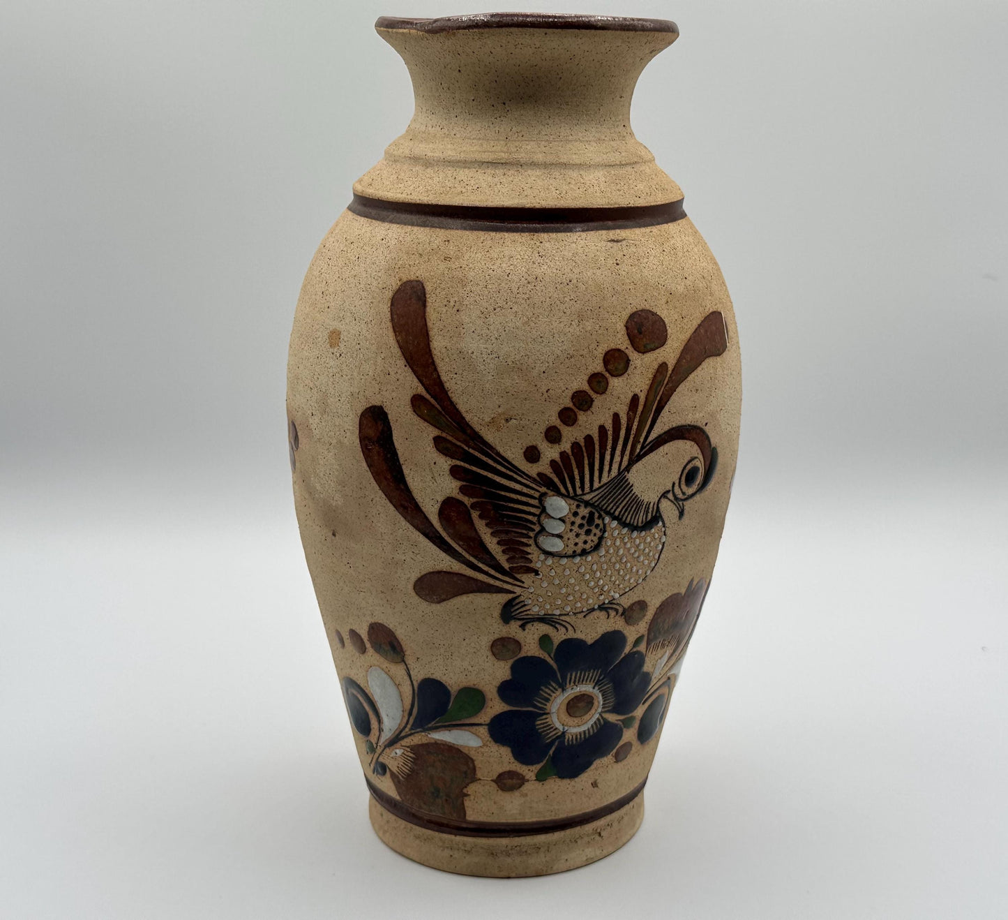 Vintage Tonala Mexican Folk Art Pottery Vase - Hand-Painted Floral Clay Decor from Jalisco