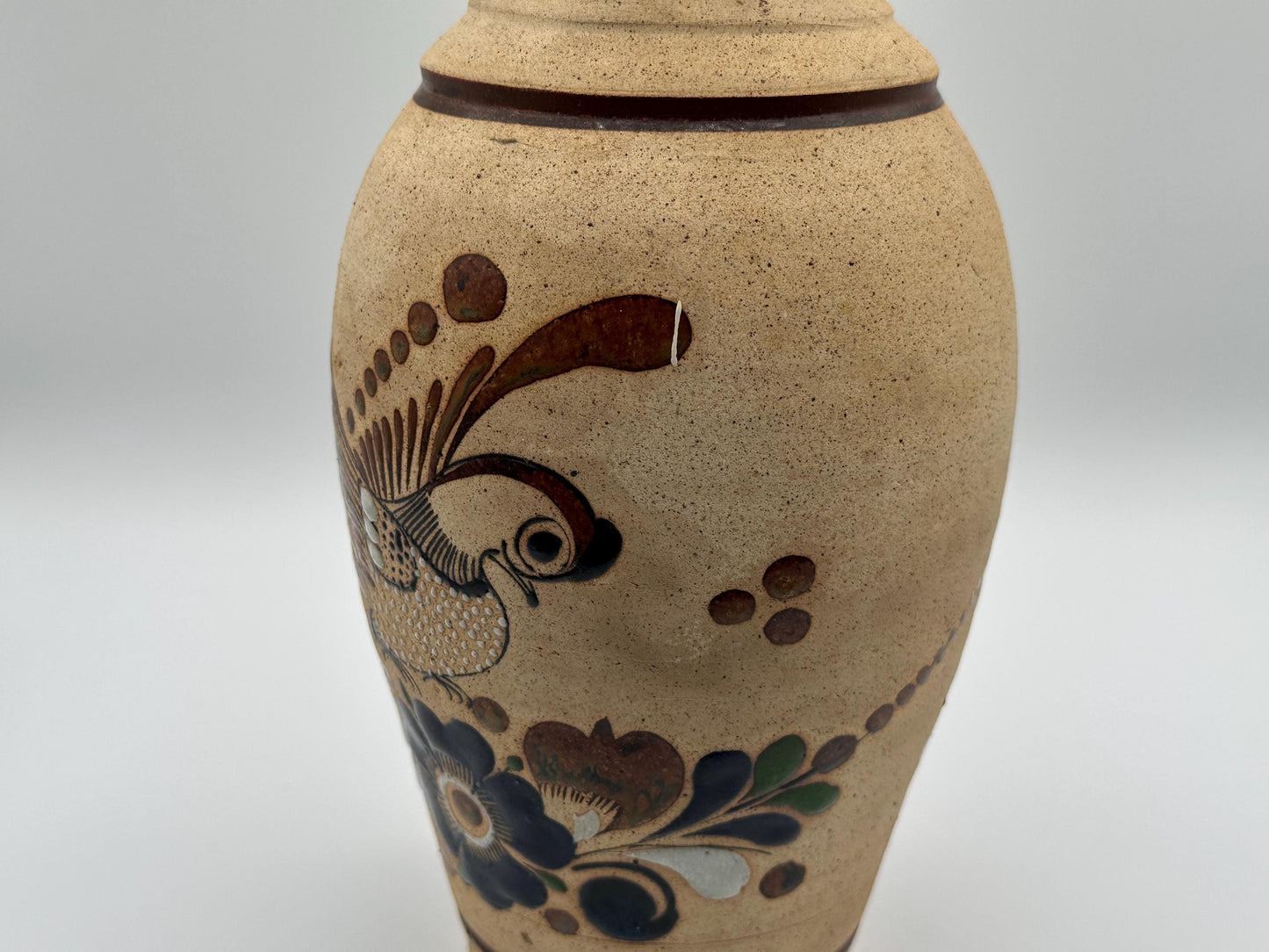 Vintage Tonala Mexican Folk Art Pottery Vase - Hand-Painted Floral Clay Decor from Jalisco