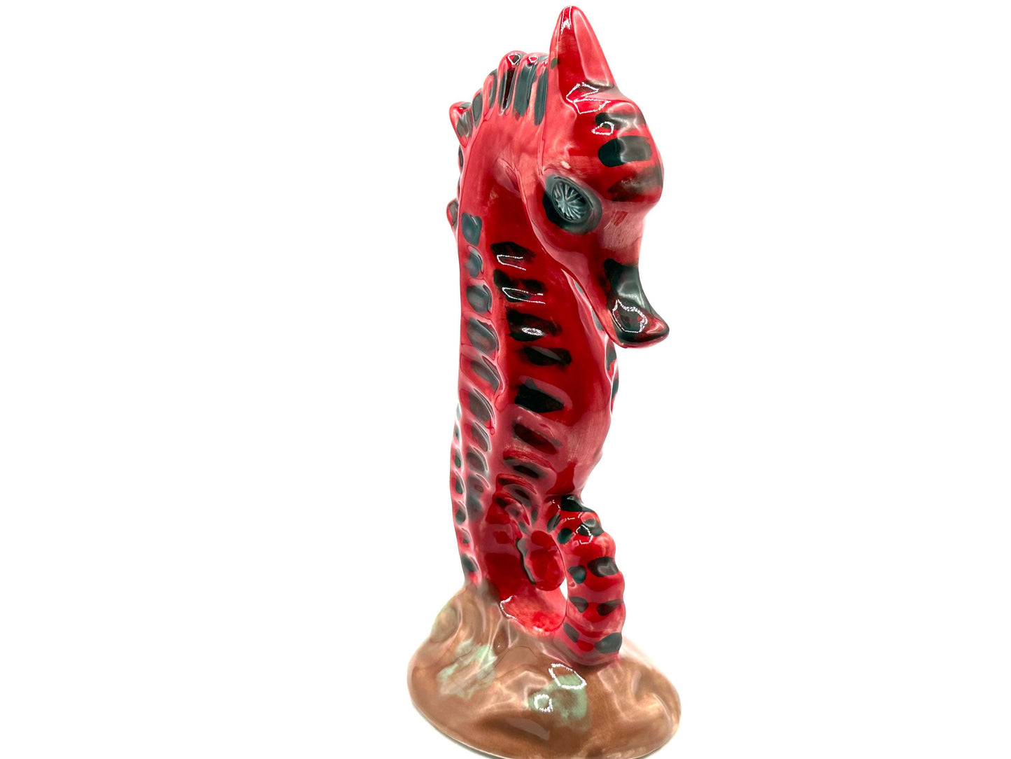 Vintage Mid-Century Red Ceramic Seahorse Figurine - Bold Nautical Coastal Beach House Accent Decor