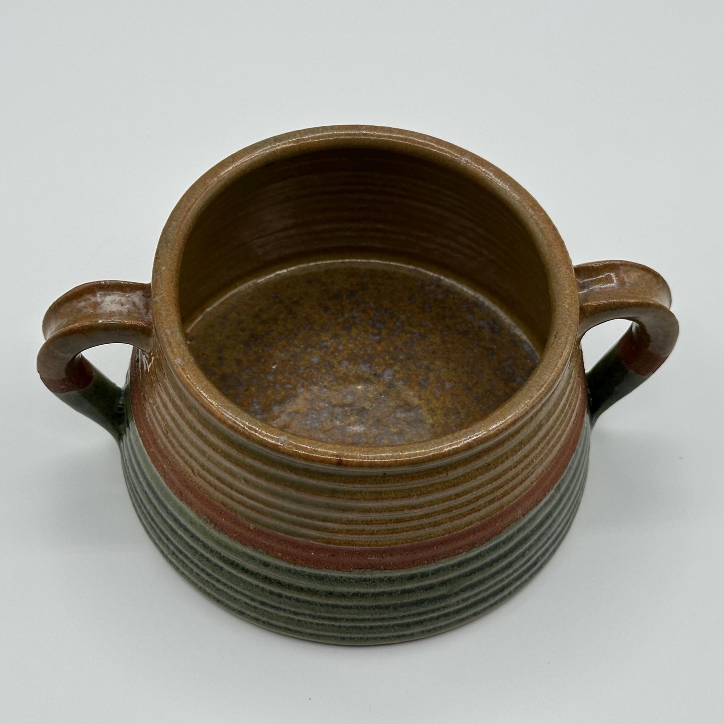 Handcrafted Rustic Stoneware Bowl: Dual-Handled Ceramic Vessel with Earth-Tone Stripes for Soup & Decor