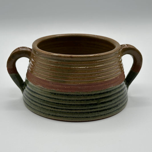 Handcrafted Rustic Stoneware Bowl: Dual-Handled Ceramic Vessel with Earth-Tone Stripes for Soup & Decor