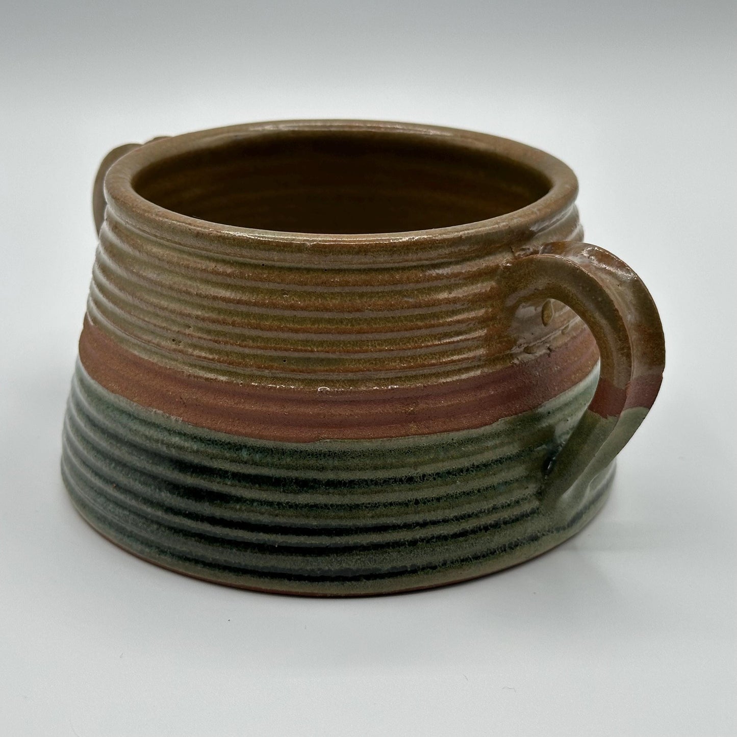 Handcrafted Rustic Stoneware Bowl: Dual-Handled Ceramic Vessel with Earth-Tone Stripes for Soup & Decor