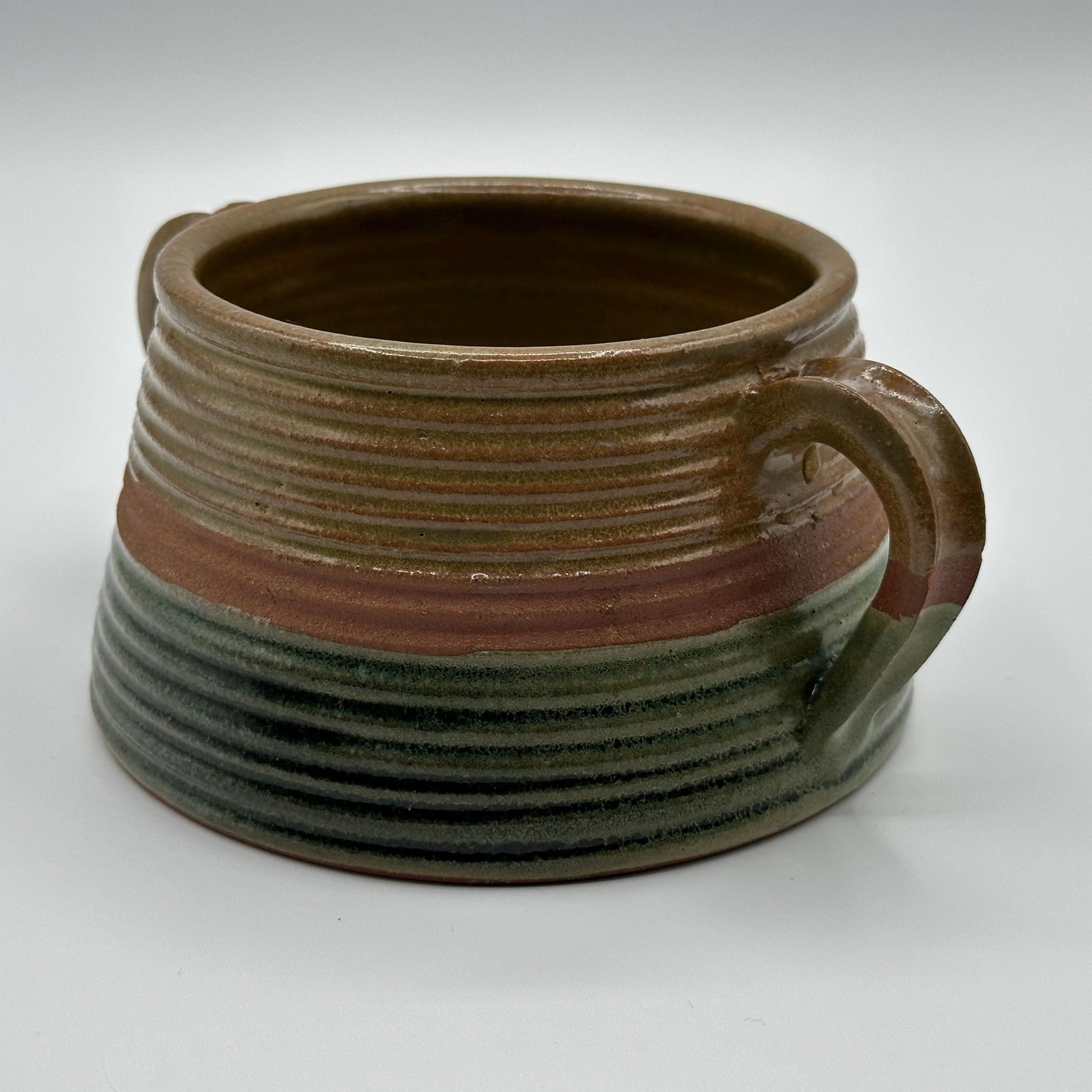 Handcrafted Rustic Stoneware Bowl: Dual-Handled Ceramic Vessel with Earth-Tone Stripes for Soup & Decor