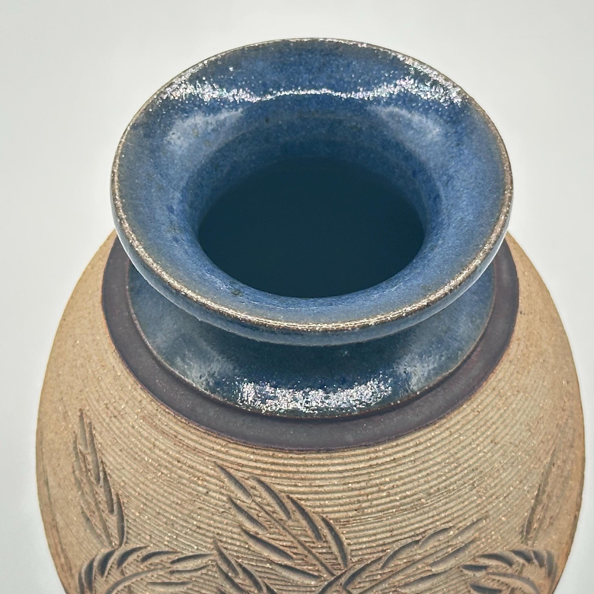 Rustic Blue Glazed Stoneware Vase with Carved Botanical Design - Handmade Artisan Pottery