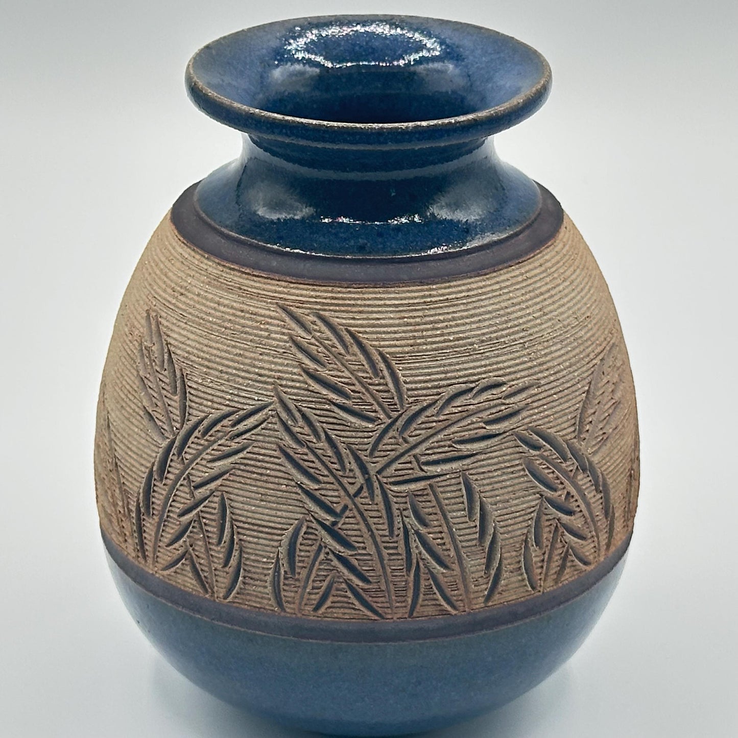 Rustic Blue Glazed Stoneware Vase with Carved Botanical Design - Handmade Artisan Pottery