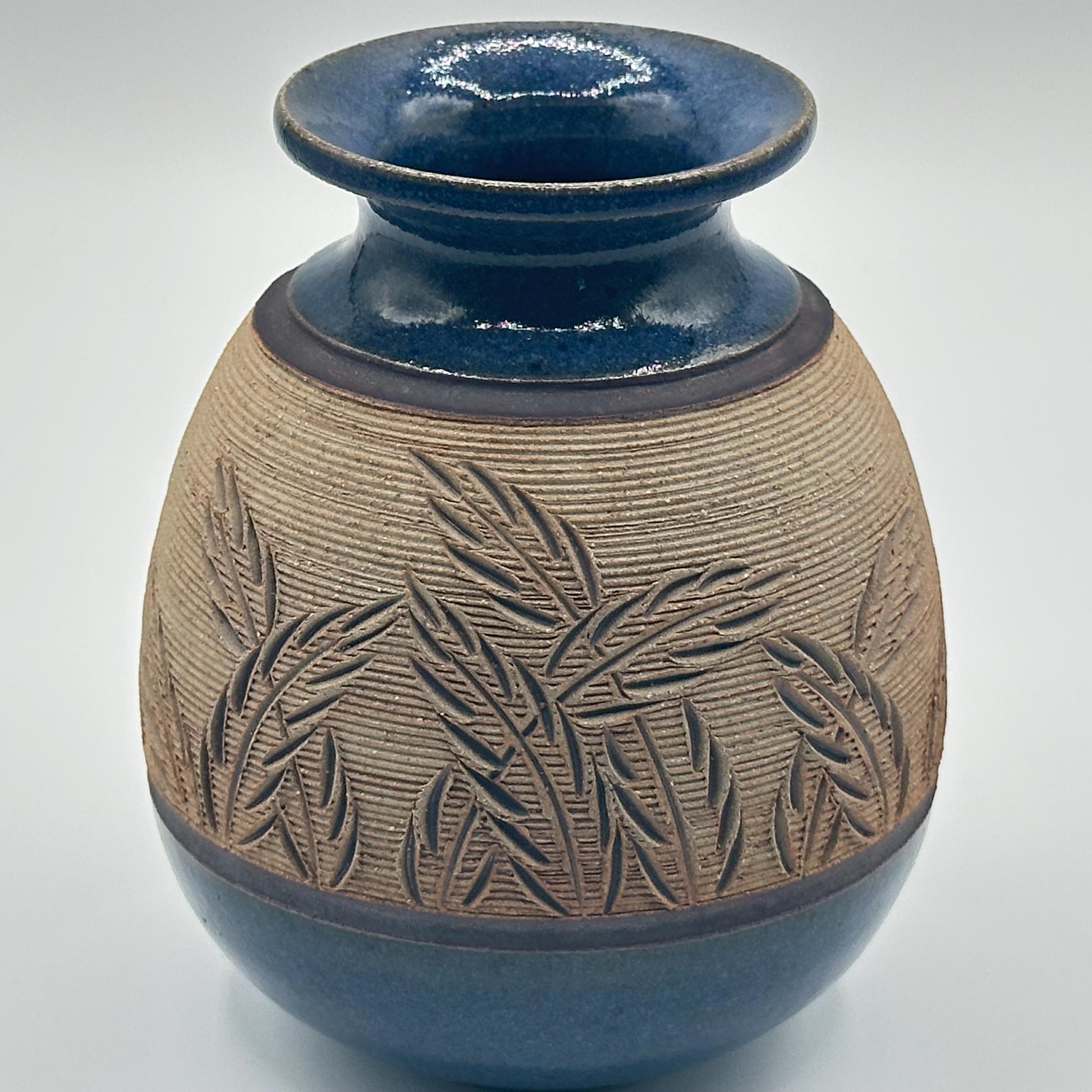 Rustic Blue Glazed Stoneware Vase with Carved Botanical Design - Handmade Artisan Pottery