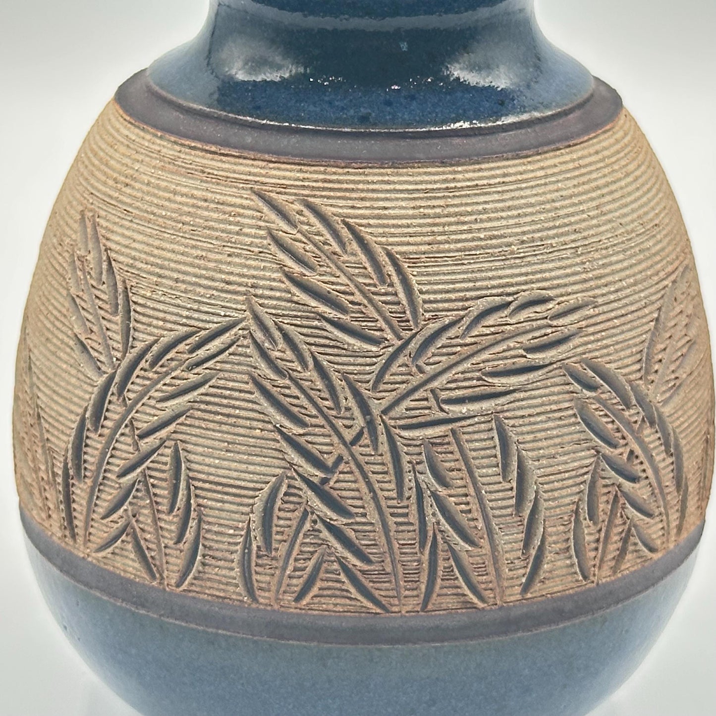 Rustic Blue Glazed Stoneware Vase with Carved Botanical Design - Handmade Artisan Pottery