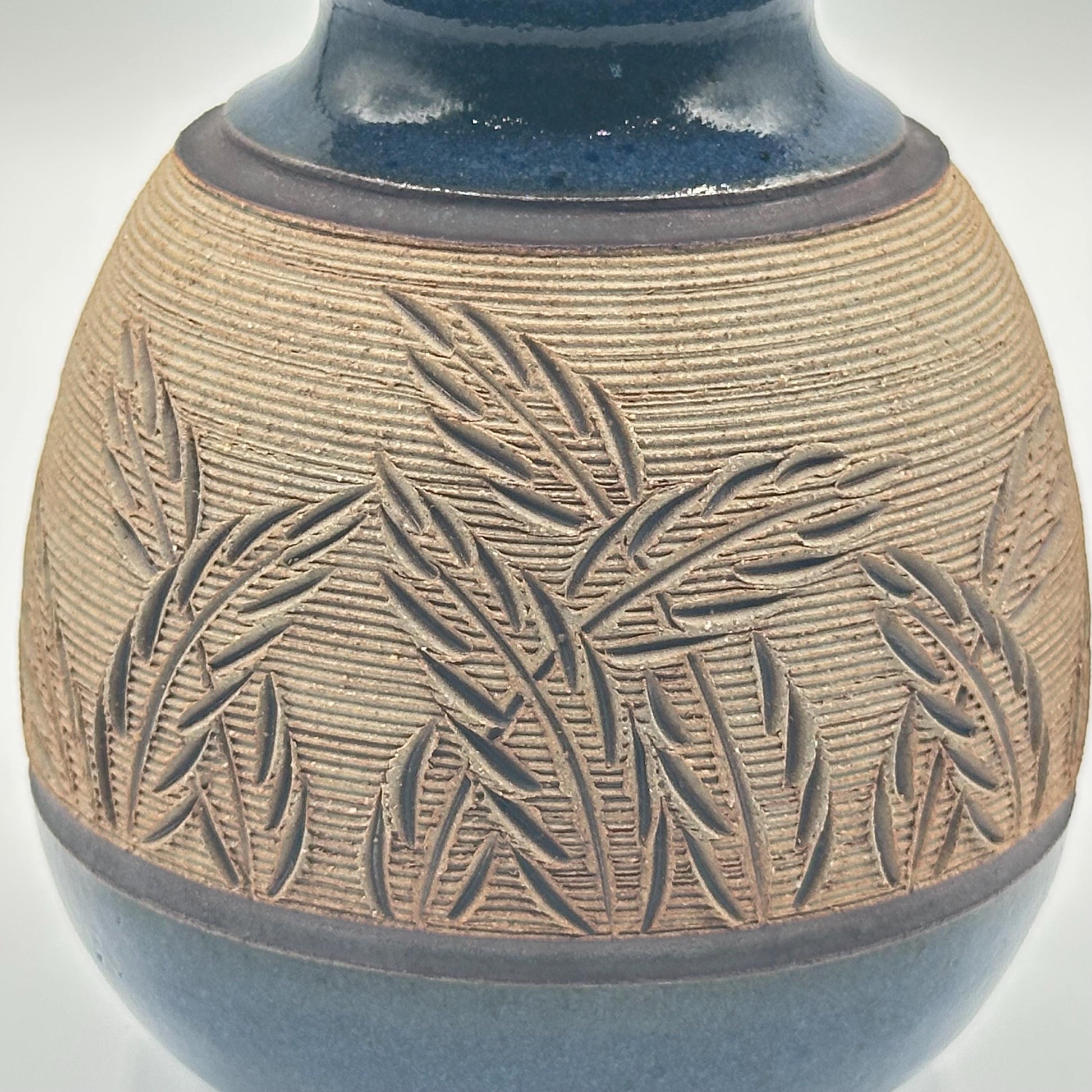 Rustic Blue Glazed Stoneware Vase with Carved Botanical Design - Handmade Artisan Pottery