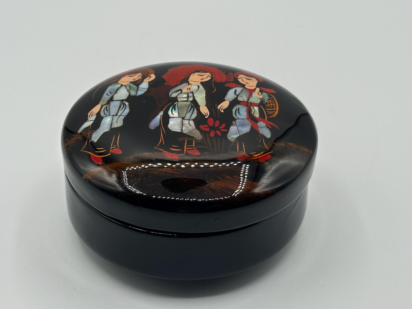 Vintage Asian Lacquer Box with Mother of Pearl Abalone Inlay Depicting Three Women