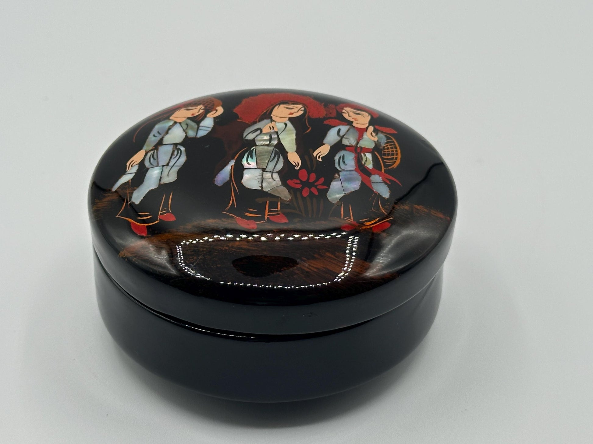 Vintage Asian Lacquer Box with Mother of Pearl Abalone Inlay Depicting Three Women