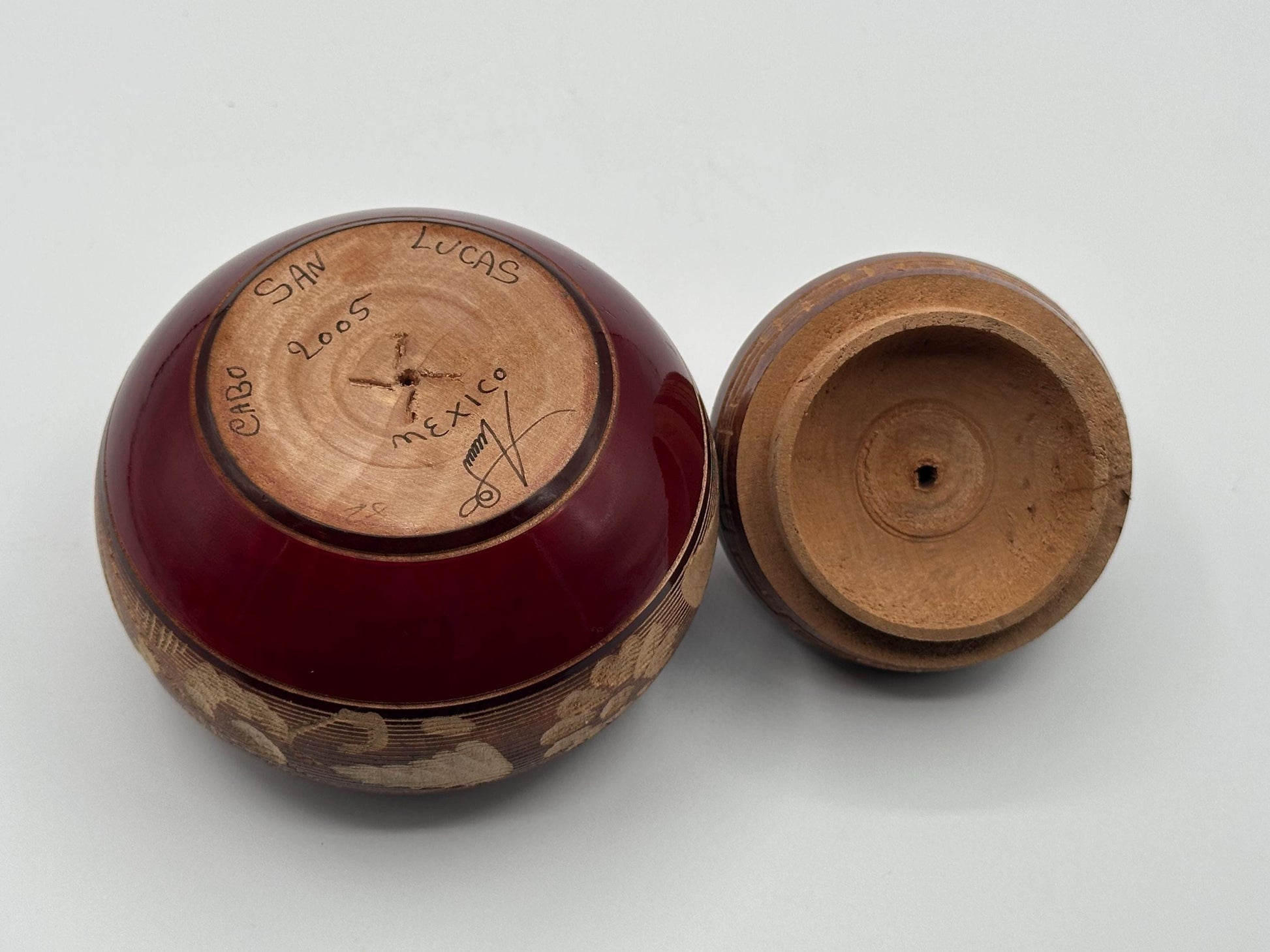 Vintage Mexican Hand-Carved Wooden Round Box with Lid - Cabo San Lucas Souvenir Storage Container
