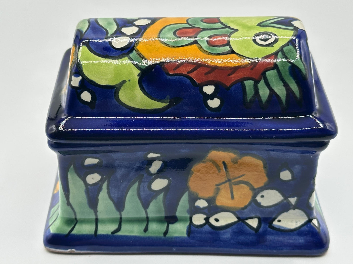 Vintage Talavera Hand-Painted Pottery Trinket Box by C. Hidalgo - Mexican Folk Art Jewelry Storage