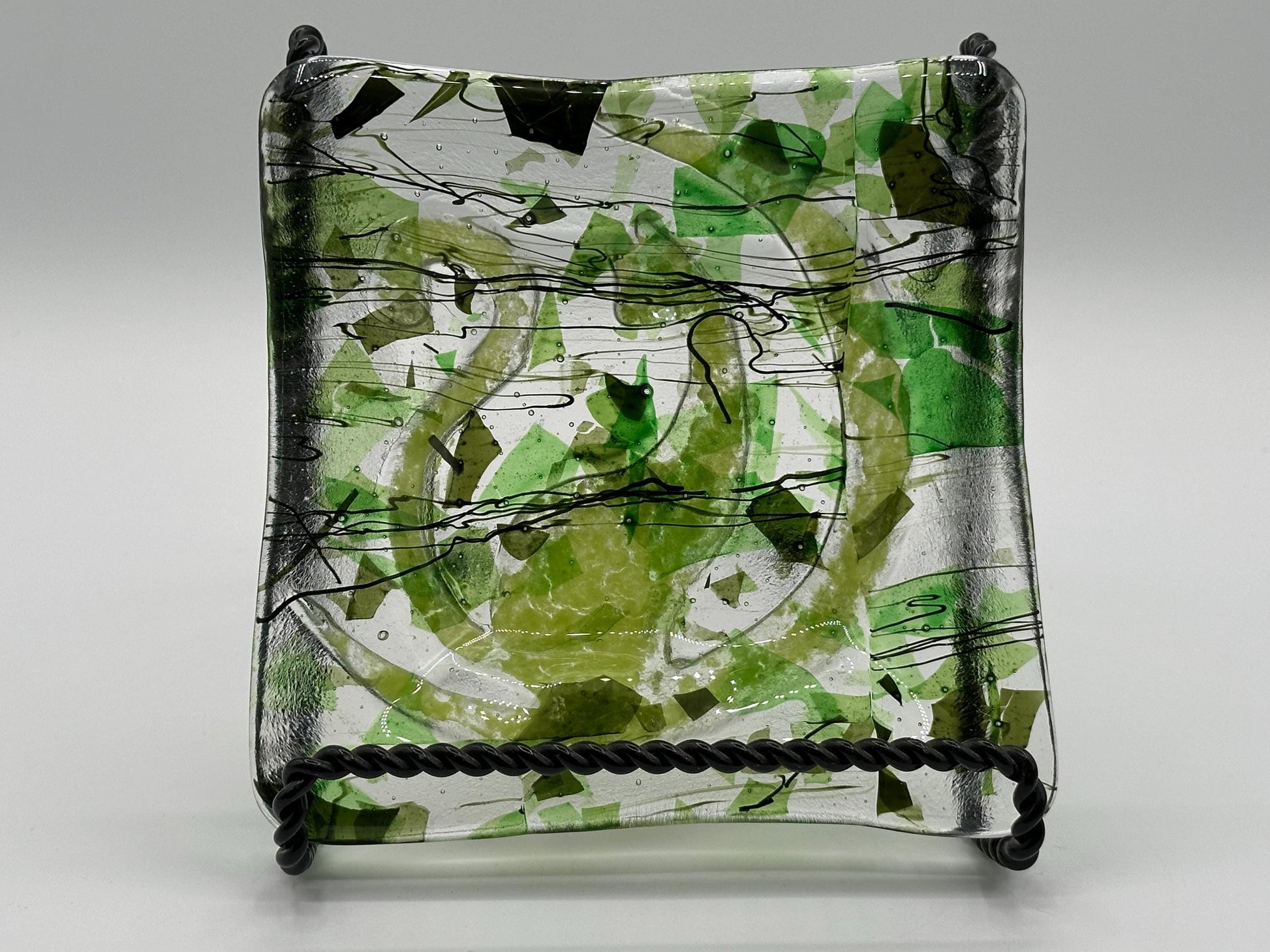 Vibrant Green Swirled Glass Serving Dish - Handcrafted Decorative Bowl for Home Decor