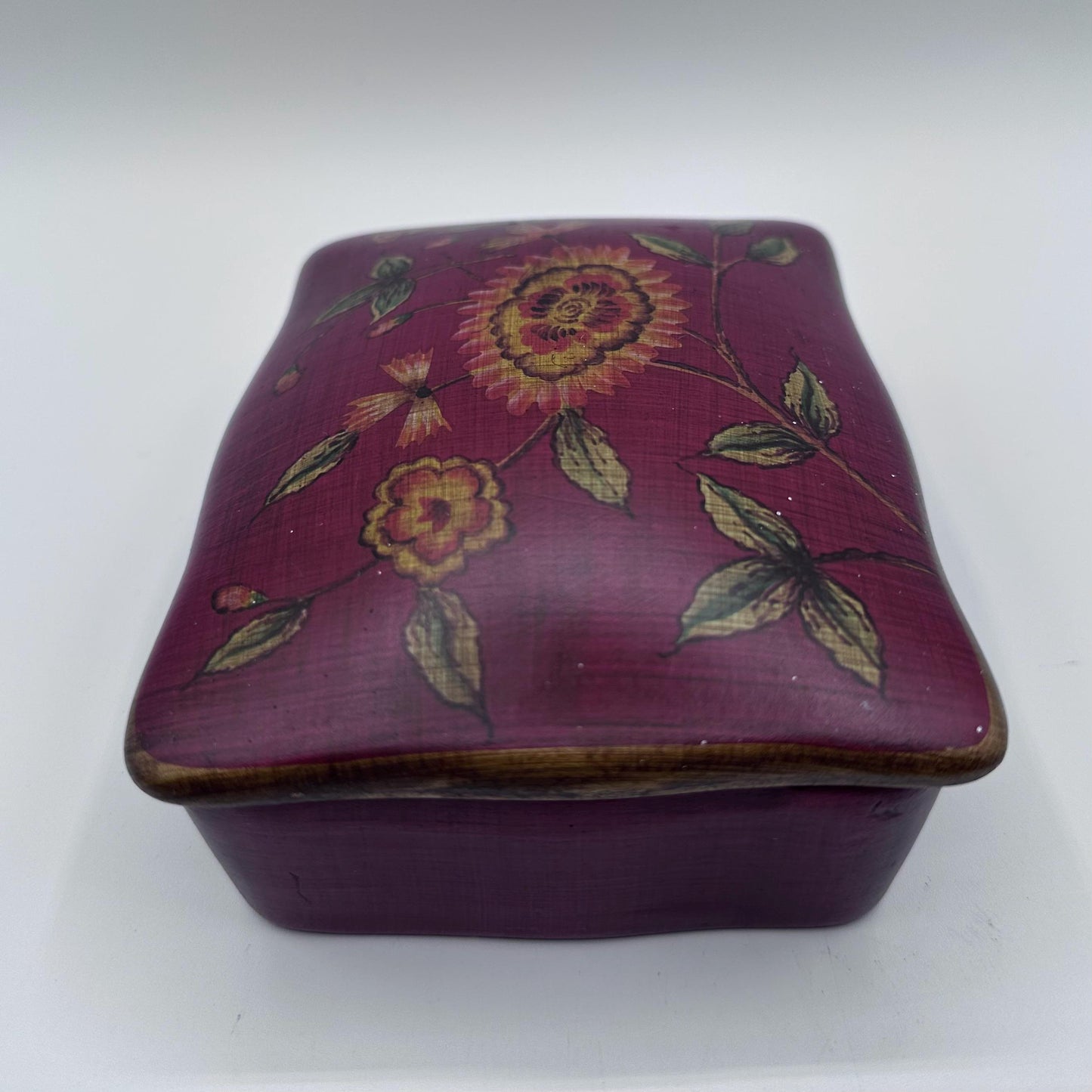 Floral Ceramic Jewelry Box – Hand Painted Trinket Box, Burgundy Keepsake Storage, Vintage Style Vanity Decor Gift for Her