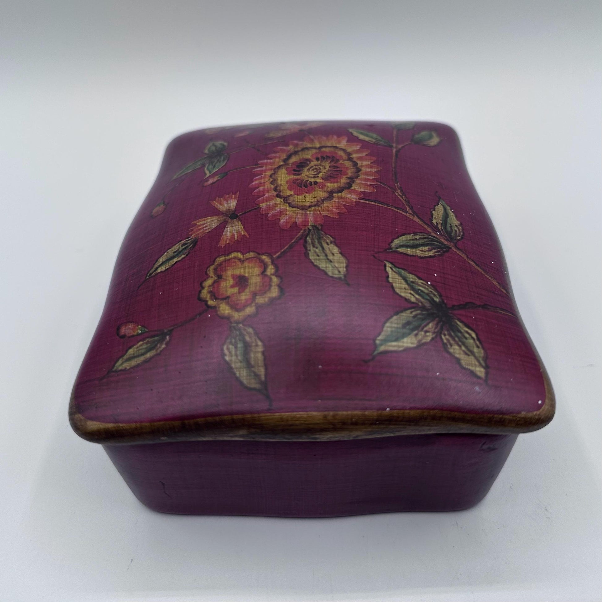 Floral Ceramic Jewelry Box – Hand Painted Trinket Box, Burgundy Keepsake Storage, Vintage Style Vanity Decor Gift for Her