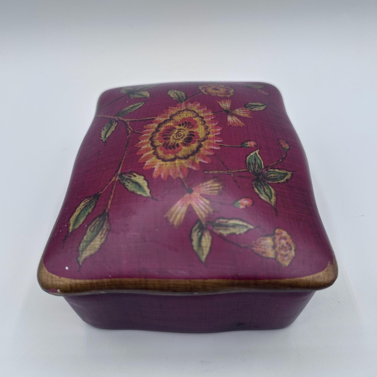 Floral Ceramic Jewelry Box – Hand Painted Trinket Box, Burgundy Keepsake Storage, Vintage Style Vanity Decor Gift for Her