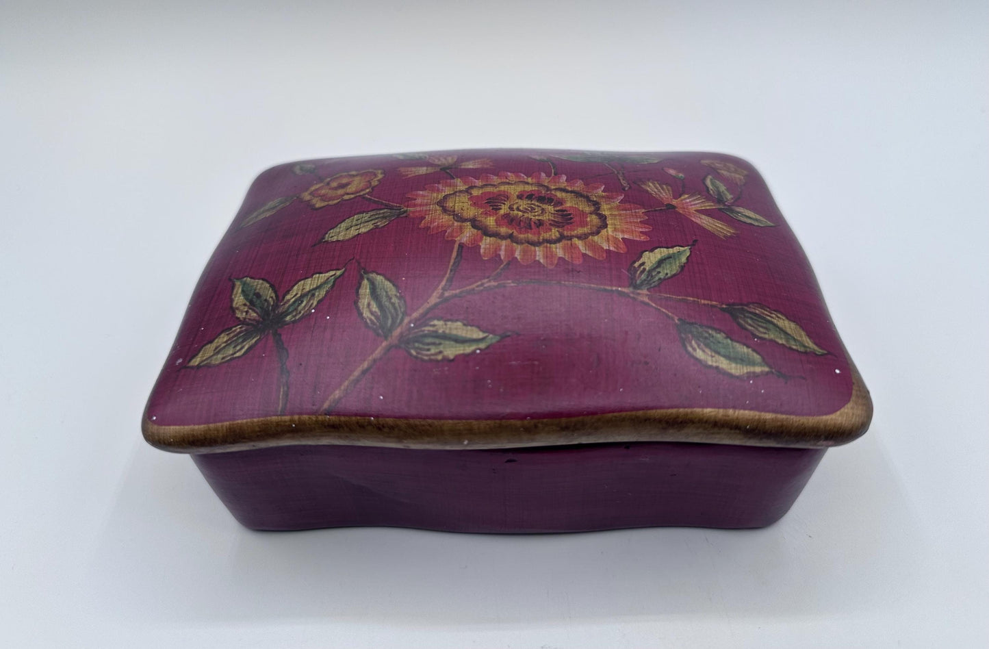 Floral Ceramic Jewelry Box – Hand Painted Trinket Box, Burgundy Keepsake Storage, Vintage Style Vanity Decor Gift for Her