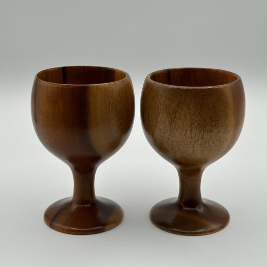Vintage Oregon Myrtlewood Chalet Goblets - Hand-Turned Mid-Century Modern Wood Wine Glasses (Pair)