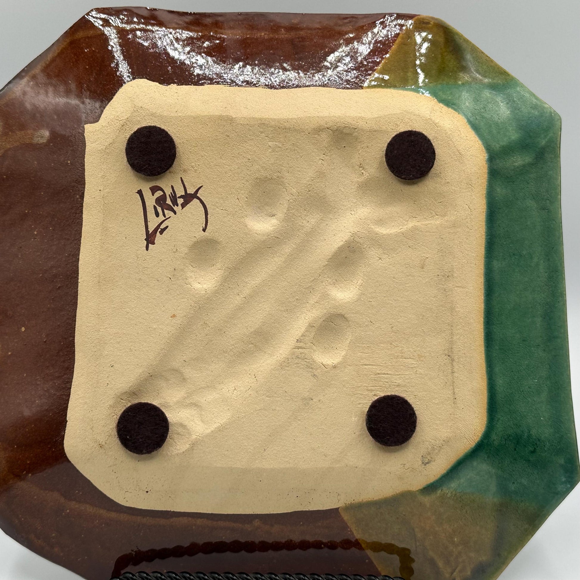 Vintage Green & Brown Studio Pottery Plate - Artisan Ceramic Dish with Fish Motif - MCM Wall Art